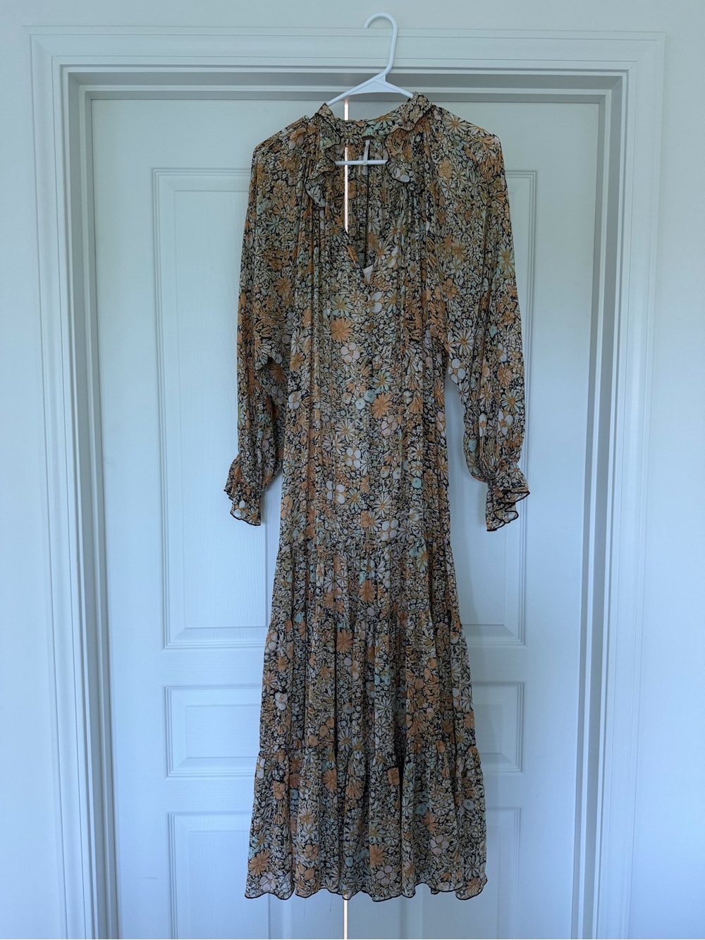 Free People Floral Long Sleeve Maxi Dress in Black and Tan